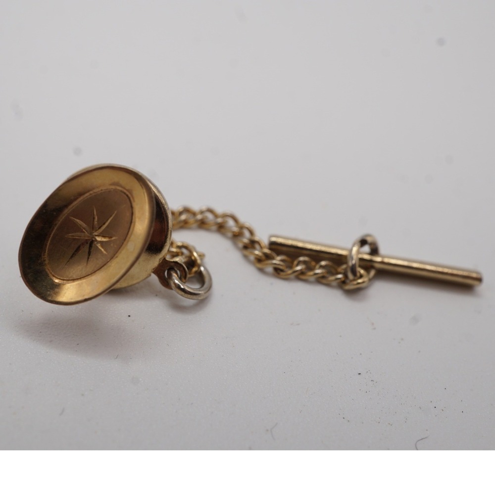 Vintage 14K Yellow Gold Starburst Oval Tie Tack with Safety Chain 0.48g